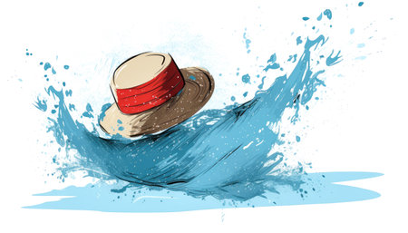 Painting of a beach hat sliding in sea water in summertime with white background Generative AI Illustration.の素材
