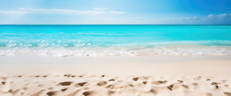 Beautiful sand and blue sea water ocean view in summertime vacations banner Generative AI Illustration.の素材