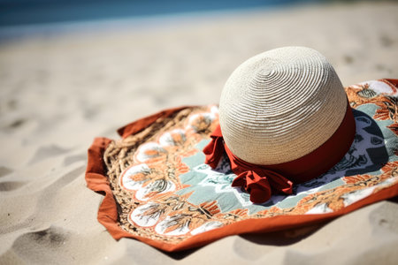 Vintage sun hat on the sand in summertime travel vacations banner Generative AI Illustration.の素材
