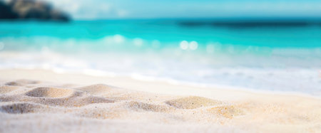 Beautiful sand and blue sea water ocean view in summertime vacations banner Generative AI Illustration.の素材
