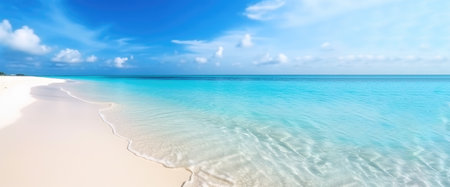 Beautiful sand and blue sea water ocean view in summertime vacations banner Generative AI Illustration.の素材