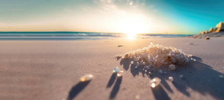 Beach sand and blue sea water ocean view at sunset in summertime vacations banner Generative AI Illustration.の素材