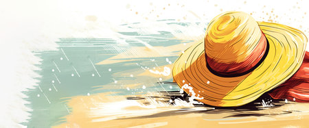 Painting of a yellow beach hat in summertime vacations banner Generative AI Illustration.の素材