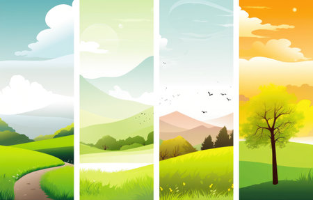 Four beautiful green nature landscapes vertical banners Generative AI Illustration.の素材