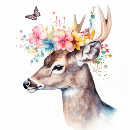 Painting of a cute deer and spring flowers with water colors Generative AI Illustration.の素材