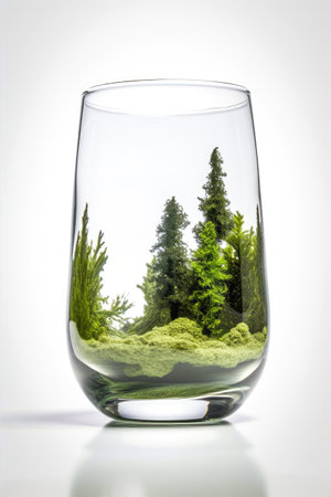 A transparent glass cup with a forest inside environment footprint Generative AI Illustration.の素材