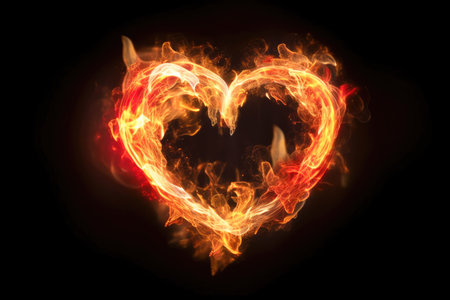 Effect of a heart with yellow and red fire flames with black background Generative AI Illustration.の素材