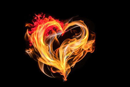 Effect of a heart with yellow and red fire flames with black background Generative AI Illustration.の素材