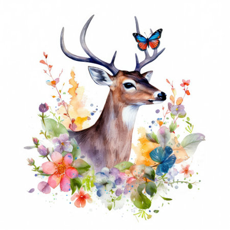 Painting of a cute deer and spring flowers with water colors Generative AI Illustration.の素材
