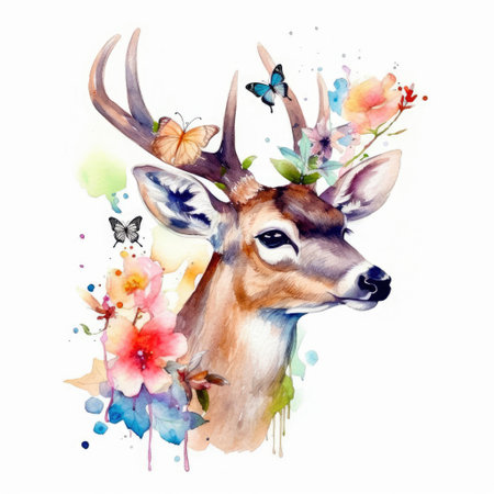 Painting of a cute deer and spring flowers with water colors Generative AI Illustration.の素材
