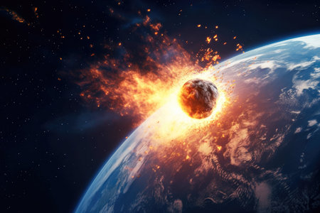 Impact of a fireball coming from space hitting the planet earth Generative AI Illustration.の素材
