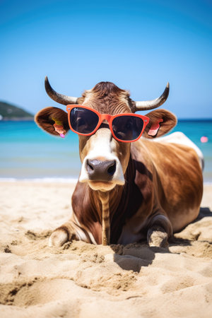 A cow with sunglasses sunbathing on the beach sand in summertime Generative AI Illustration.の素材
