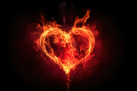 Effect of a heart with yellow and red fire flames with black background Generative AI Illustration.の素材