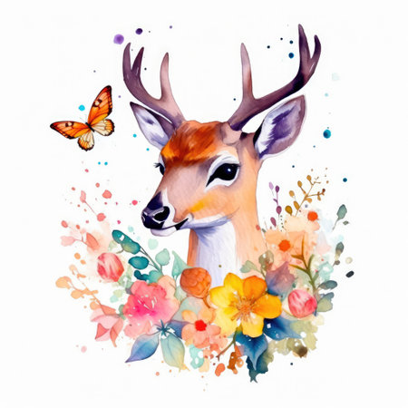Painting of a cute deer and spring flowers with water colors Generative AI Illustration.の素材