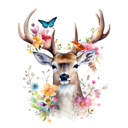Painting of a cute deer and spring flowers with water colors Generative AI Illustration.の素材