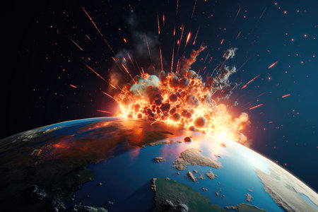 Impact of a fireball coming from space hitting the planet earth Generative AI Illustration.の素材
