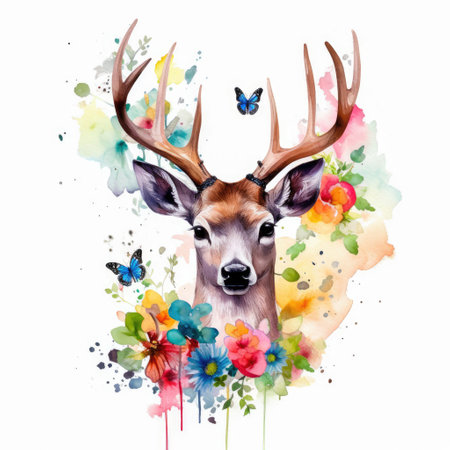 Painting of a cute deer and spring flowers with water colors Generative AI Illustration.の素材