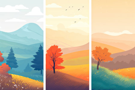 Three beautiful green nature landscapes vertical banners Generative AI Illustration.の素材
