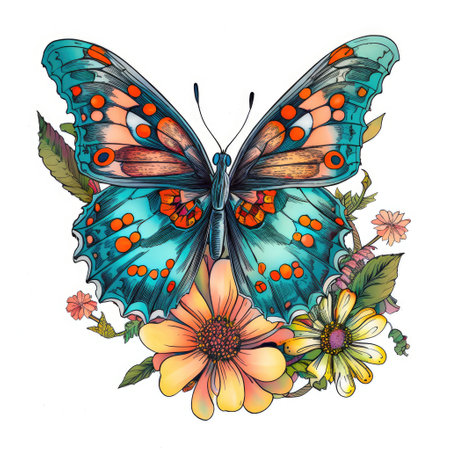 Butterfly painting with multiple colors and beautiful springtime flowers on a white background Generative AI Illustration.の素材