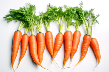 Fresh carrots with green branch isolated with a white background Generative AI Illustration.の素材