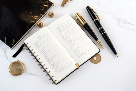 CEO Executive luxury desk with pen diary and golden ornaments Generative AI Illustration.の素材