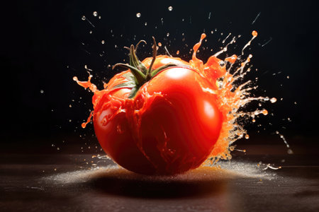 A tomato falling and bursting on the ground Generative AI Illustration.の素材