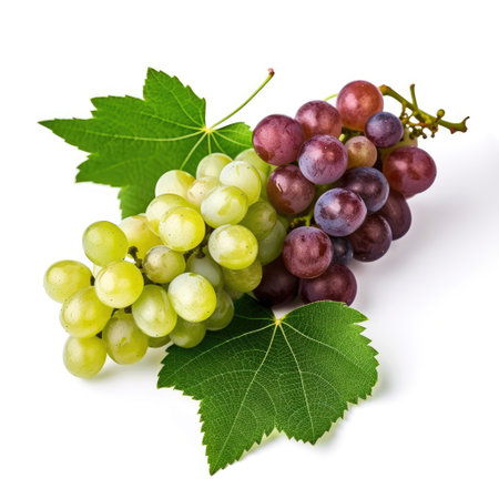 Fresh bunch of dark and white grapes with green leaves isolated with a white background Generative AI Illustration.の素材