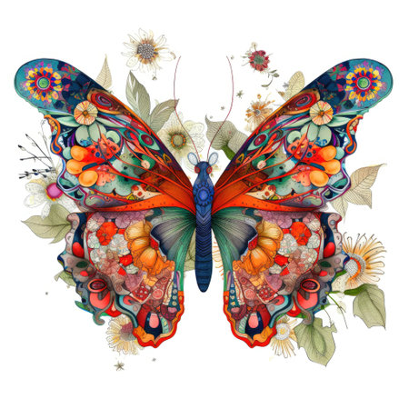 Butterfly painting with multiple colors and beautiful springtime flowers on a white background Generative AI Illustration.の素材