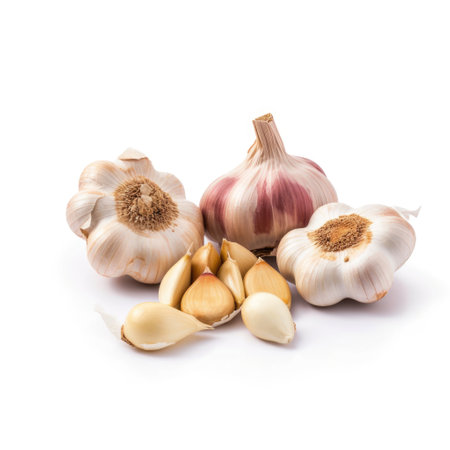Fresh garlic heads and garlic cloves ingredient for cooking isolated with white background Generative AI Illustration.の素材