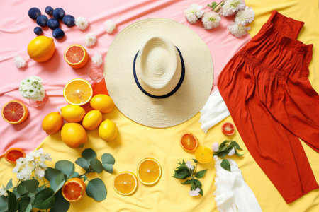 Illustration of summer vacation with various colors and travel objects and food Generative AI.の素材