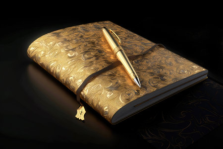 CEO Executive luxury desk with golden pen and book with golden ornaments Generative AI Illustration.の素材