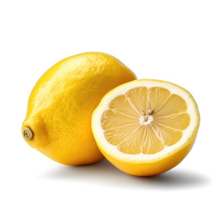 Fresh yellow lemon and sliced lemon isolated with white background Generative AI Illustration.の素材