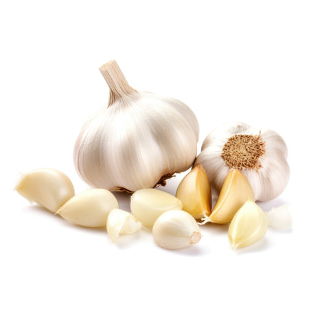 Fresh garlic heads and garlic cloves ingredient for cooking isolated with white background Generative AI Illustration.の素材