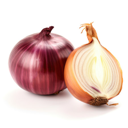 Fresh onion and sliced onion isolated with white background Generative AI Illustration.の素材