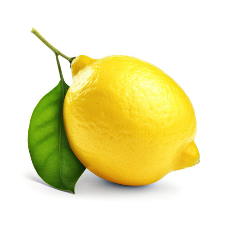 Fresh yellow lemon with a green leaf isolated with a white background Generative AI Illustration.の素材