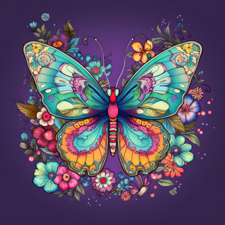 Butterfly painting with multiple colors and beautiful springtime flowers on a white background Generative AI Illustration.の素材