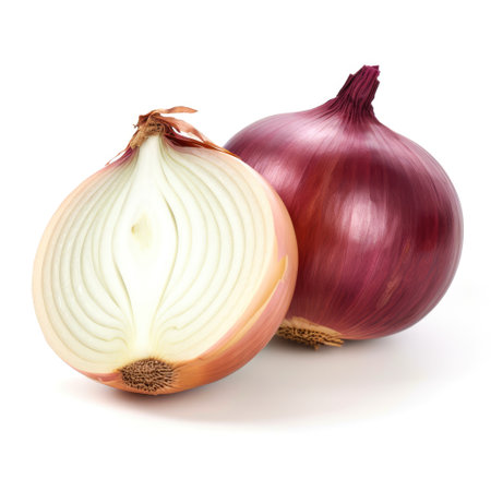 Fresh onion and sliced onion isolated with white background Generative AI Illustration.の素材