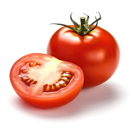 Tomato and sliced tomato isolated with white background Generative AI Illustration.の素材