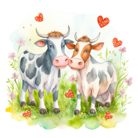 Watercolor painting of a couple of cows in love in nature kids style Generative AI Illustration.の素材