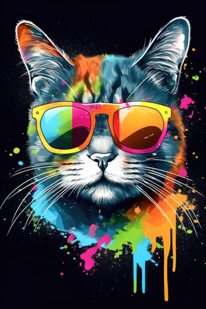 Painting of a retro style cat with multi color sunglasses Generative AI Illustration.の素材