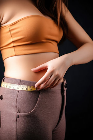 A woman measuring her belly with a measuring tape losing weight healthy lifestyle Generative AI Illustration.の素材