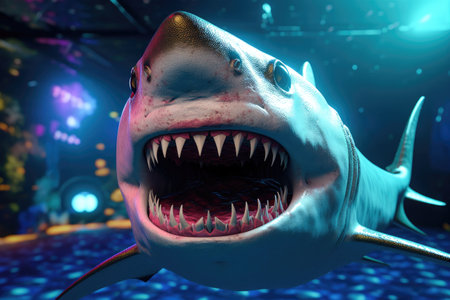 A white shark with open mouth showing its teeth facing the camera Generative AI Illustration.の素材