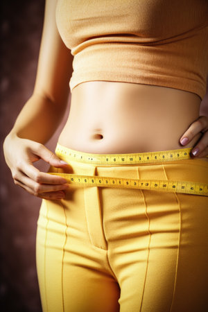 A woman measuring her belly with a measuring tape weightloss healthy lifestyle Generative AI Illustration.の素材