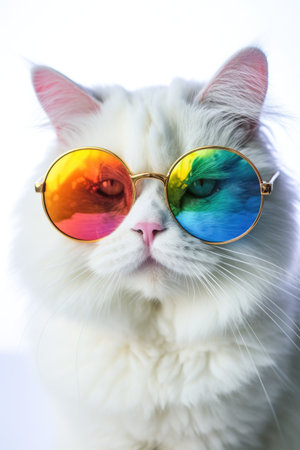 White cat retro style with sunglasses with lens with tropical colors summertime Generative AI Illustration.の素材