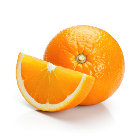A isolated whole fresh orange and a slice of orange with white background Generative AI Illustration.の素材