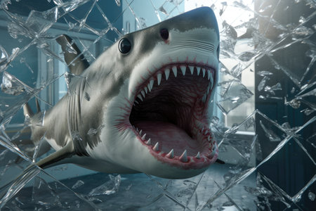 A white shark with open mouth breaking a glass wall Generative AI Illustration.の素材
