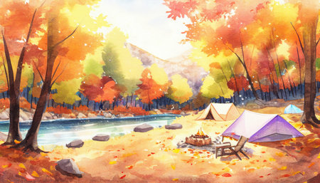 Water colored painting of a camping scene in nature near a river Generative AI Illustration.の素材