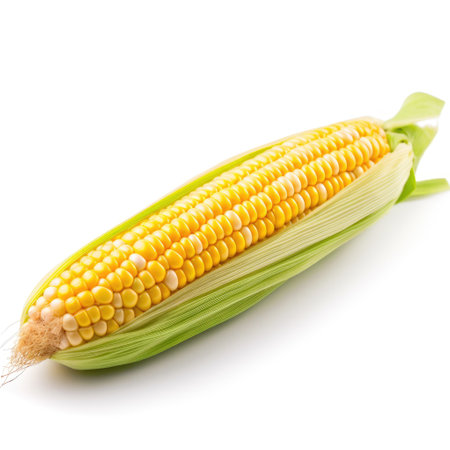 Fresh raw cob of corn with green leaves for recipe cooking with white background Generative AI Illustration.の素材