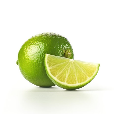 A fresh organic raw lime and a sliced piece of lime on white background Generative AI Illustration.の素材