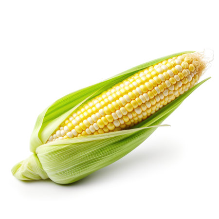 Fresh organic raw cob of corn with green leaves for recipe cooking with white background Generative AI Illustration.の素材